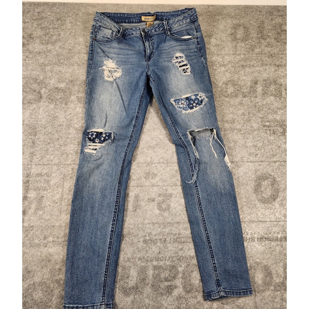 blue spice jeans women's 13 skinny blue distressed ripped mid rise grunge rock